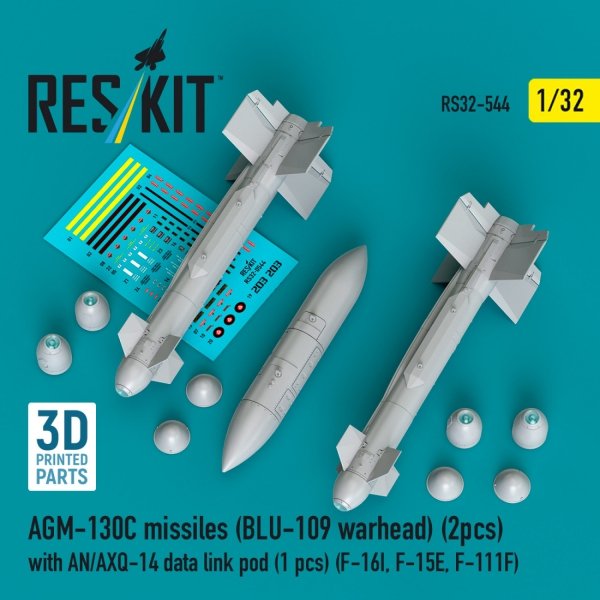 RESKIT RS32-0544 AGM-130C missiles (BLU-109 warhead) (2 pcs) with AN/AXQ-14 data link pod (1 pcs) (3D Printed) 1/32