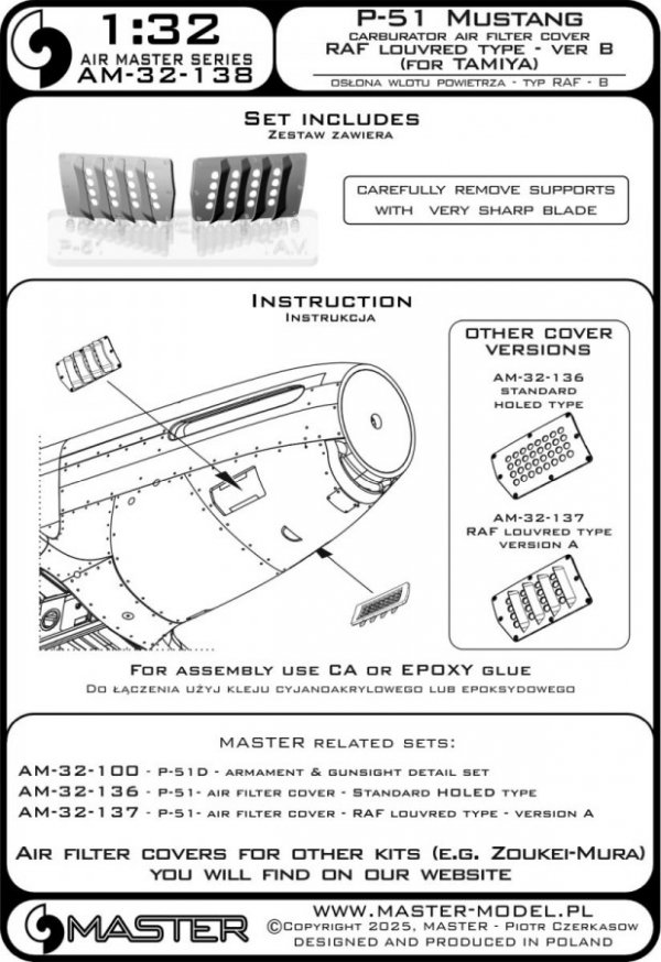 Master AM-32-138 P-51 Mustang - pokrywa wlotu powietrza do gaźnika - typ z żaluzjami dla RAF - wersja B (do modelu Tamiya) 1/32