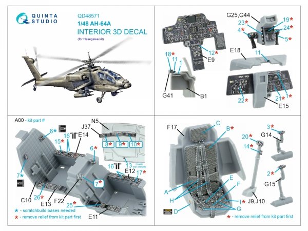 Quinta Studio QD48571 AH-64A 3D-Printed &amp; coloured Interior on decal paper (Hasegawa) 1/48