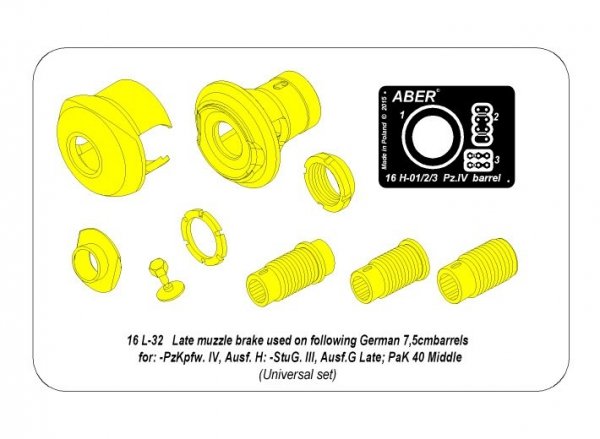 Aber 16l-32 Late muzzle brake for barrels in / późny hamulec do luf używanych w: PzKpfw. IV, Ausf. H: StuG. III, Ausf. G-Late, PaK 40 Middle 1/16