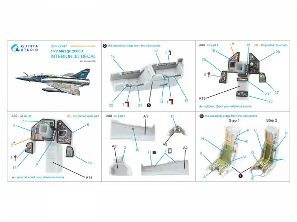 Quinta Studio QD+72247 Mirage 2000D 3D-Printed &amp; coloured Interior on decal paper (Modelsvit) (with 3D-printed resin part) 1/72