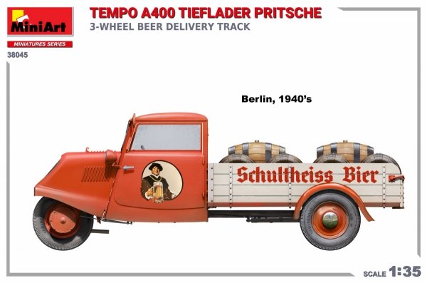 MiniArt 38045 TEMPO A400 TIEFLADER PRITSCHE 3-WHEEL BEER DELIVERY TRUCK 1/35