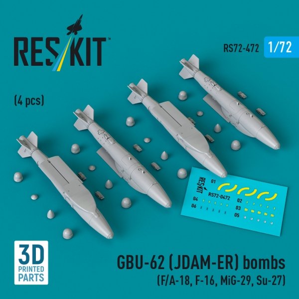 RESKIT RS72-0472 GBU-62 (JDAM-ER) bombs (4 pcs) (3D Printed) 1/72