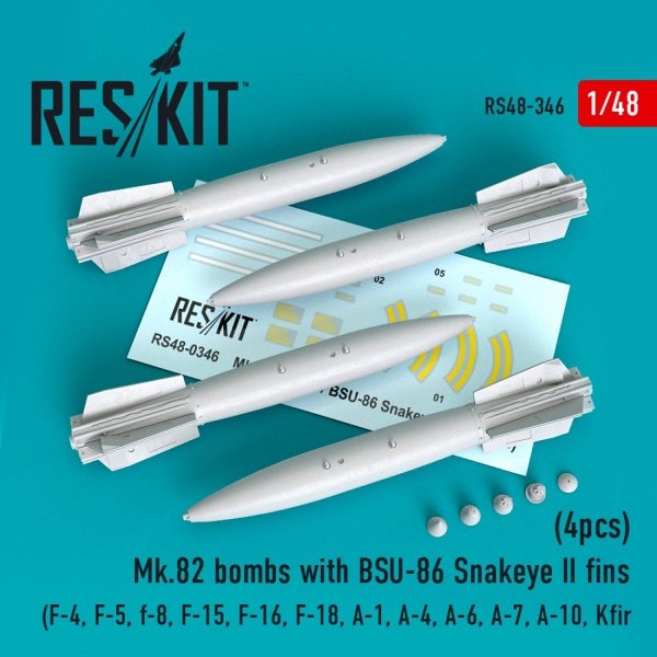 RESKIT RS48-0346 MK.82 BOMBS WITH BSU-86 SNAKEYE II FINS (4PCS) 1/48