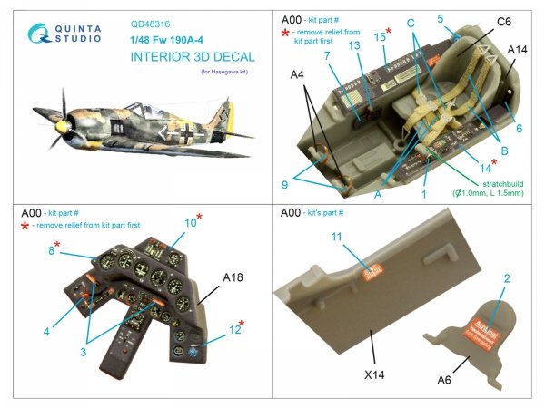 Quinta Studio QD48316 Fw 190A-4 3D-Printed &amp; coloured Interior on decal paper (Hasegawa) 1/48