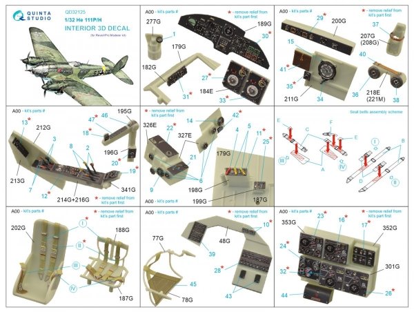 Quinta Studio QD32125 He 111 P/H 3D-Printed &amp; coloured Interior on decal paper (Revell/ProModeler) 1/32