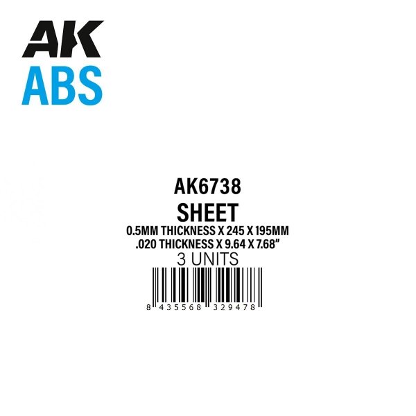 AK Interactive AK6738 0.5MM THICKNESS X 245 X 195MM – ABS SHEET – 3 UNITS PER BAG