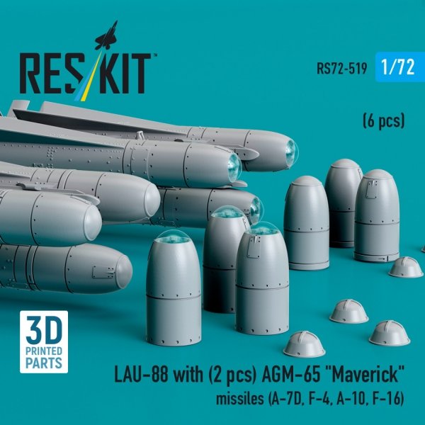 RESKIT RS72-0519 LAU-88 with (2 pcs) AGM-65 &quot;Maverick&quot; missiles (6 pcs) (3D Printed) 1/72