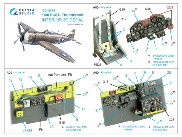 Quinta Studio QD48498 P-47С Thunderbolt 3D-Printed &amp; coloured Interior on decal paper (Dora Wings) 1/48