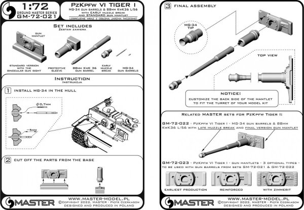 Master GM-72-021 PzKpfw VI Tiger I - MG-34 gun barrels &amp; 88mm KwK36 L/56 with early muzzle break and standard gun mantlet 1/72