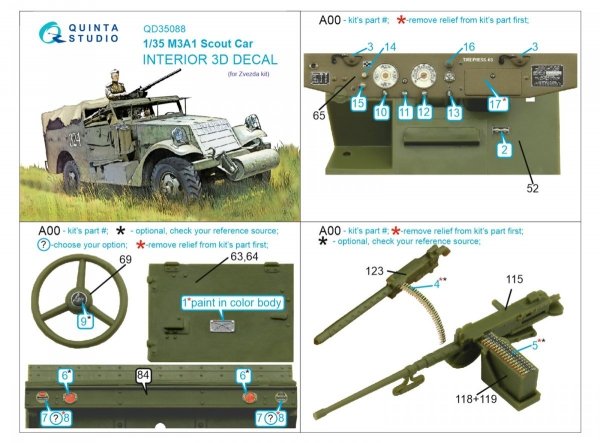 Quinta Studio QD35088 M3A1 Scout 3D-Printed &amp; coloured Interior on decal paper (Zvezda) 1/35