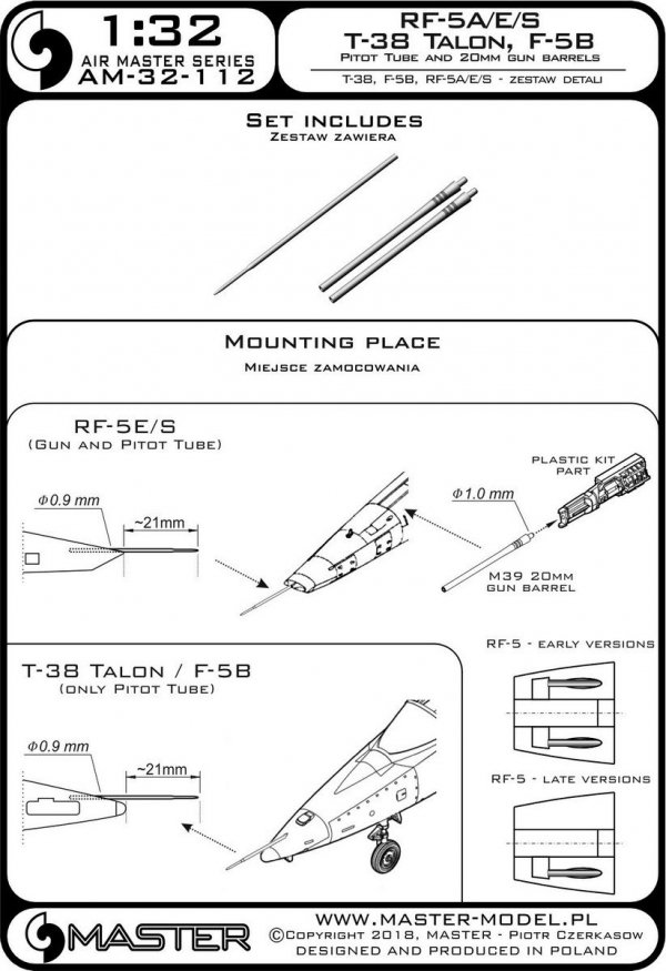 Master AM-32-112 T-38 Talon / F-5B / RF-5A, E, S - Rurka Pitota i lufy działek 20mm 1/32