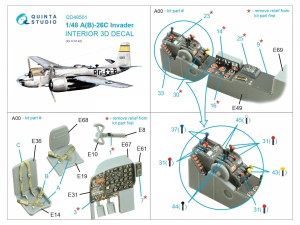 Quinta Studio QD48501 A-26C Invader 3D-Printed &amp; coloured Interior on decal paper (ICM) 1/48