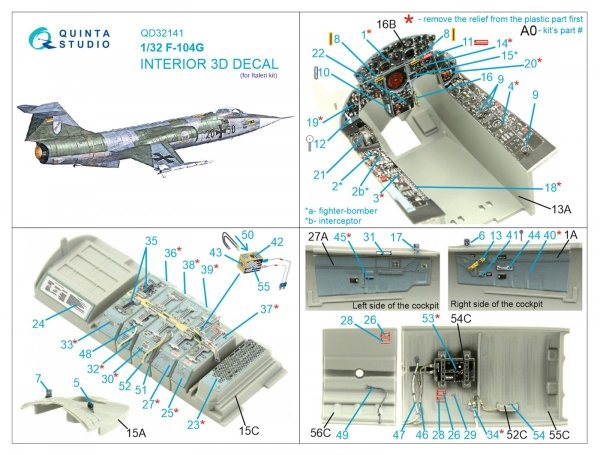 Quinta Studio QD32141 F-104G 3D-Printed &amp; coloured Interior on decal paper (Italeri) 1/32