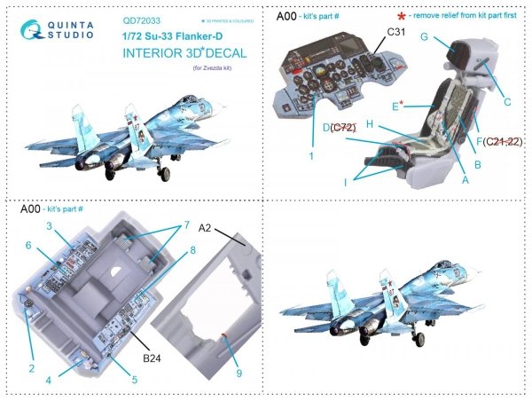 Quinta Studio QD72033 Su-33 3D-Printed &amp; coloured Interior on decal paper (Zvezda) 1/72