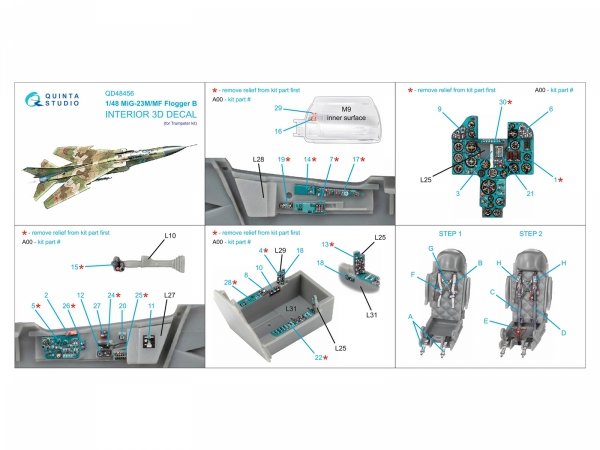 Quinta Studio QD48456 MiG-23M/MiG-23MF 3D-Printed &amp; coloured Interior on decal paper (Trumpeter) 1/48