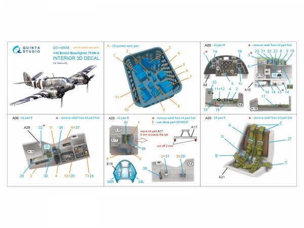 Quinta Studio QD+48556 Bristol Beaufighter TF.Mk.X 3D-Printed &amp; coloured Interior on decal paper (Tamiya) (with 3D-printed resin parts) 1/48