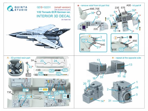 Quinta Studio QDS+32231 Tornado ECR German 3D-Printed &amp; coloured Interior on decal paper (Italeri) (Small version) (with 3D-printed resin parts) 1/32