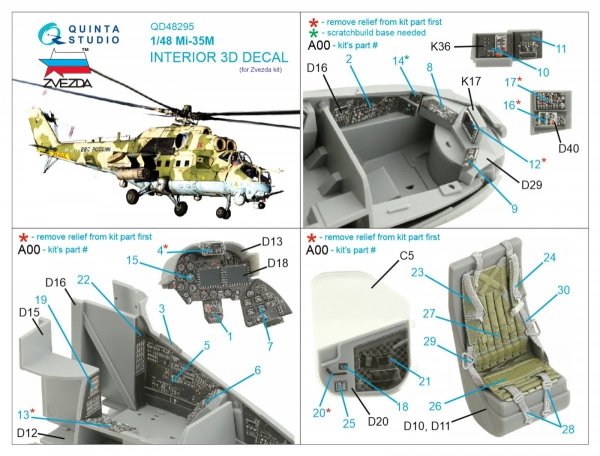 Quinta Studio QD48295 Mi-35M 3D-Printed &amp; coloured Interior on decal paper (Zvezda) 1/48