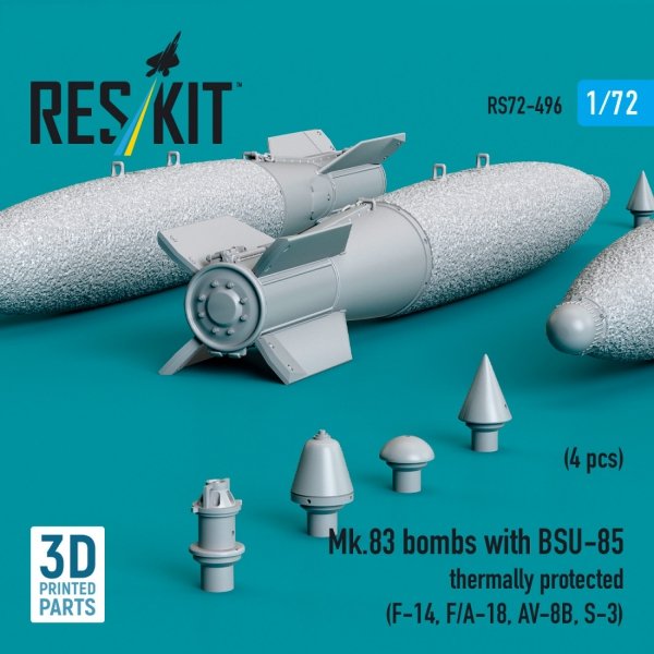 RESKIT RS72-0496 Mk.83 bombs with BSU-85 thermally protected (4 pcs) (F-14, F/A-18, AV-8B, S-3) (3D printed) (1/72)