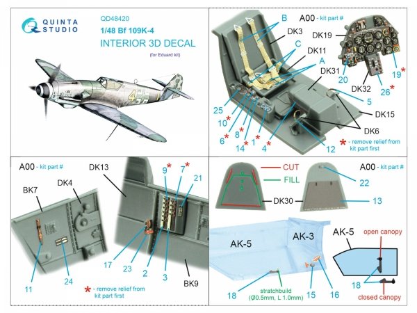 Quinta Studio QD48420 Bf 109K-4 3D-Printed &amp; coloured Interior on decal paper (Eduard) 1/48