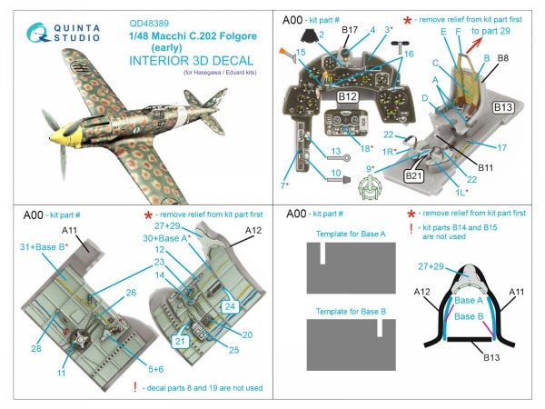 Quinta Studio QD48389 Macchi C.202 Folgore Early 3D-Printed &amp; coloured Interior on decal paper (Hasegawa/Eduard) 1/48