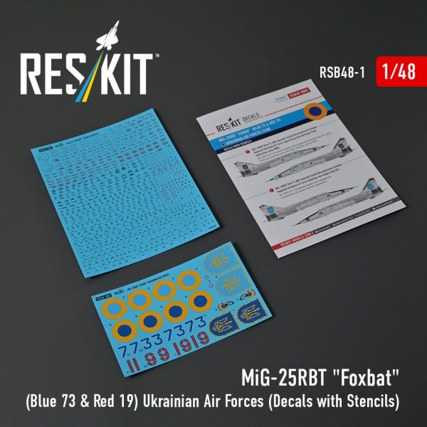 RESKIT RSB48-0001 MiG-25RBT "Foxbat" (Blue 73 &amp; Red 19) Ukrainian Air Forces (Decals with Stencils) 1/48