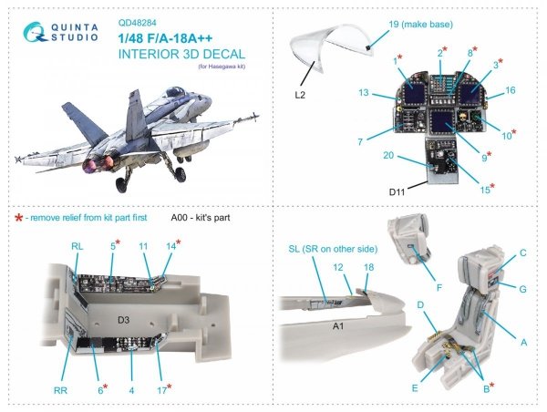 Quinta Studio QD48284 F/A-18A++ 3D-Printed &amp; coloured Interior on decal paper (Hasegawa) 1/48