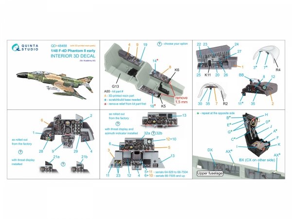 Quinta Studio QD+48488 F-4D early Phantom II 3D-Printed &amp; coloured Interior on decal paper (Academy) (with 3D-printed resin parts) 1/48