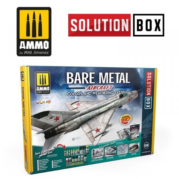 AMMO of Mig Jimenez 7721 HOW TO PAINT BARE METAL AIRCRAFT. COLORS AND WEATHERING SYSTEM SOLUTION BOX