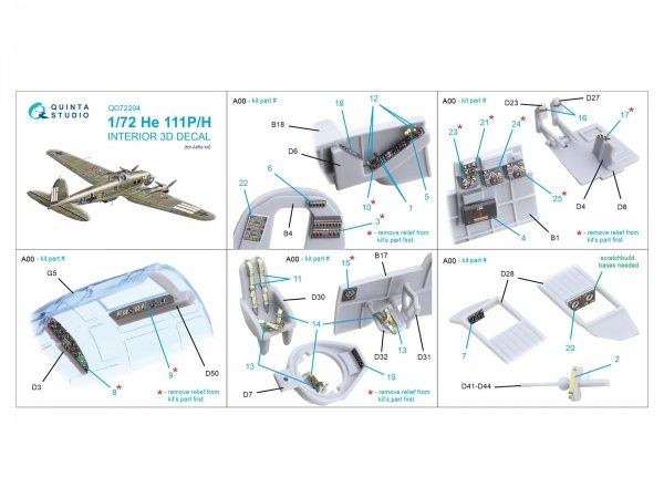Quinta Studio QD72204 He 111 P/H 3D-Printed &amp; coloured Interior on decal paper (Airfix) 1/72