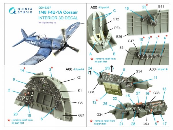 Quinta Studio QD48367 F4U-1A 3D-Printed &amp; coloured Interior on decal paper (Magic Factory) 1/48
