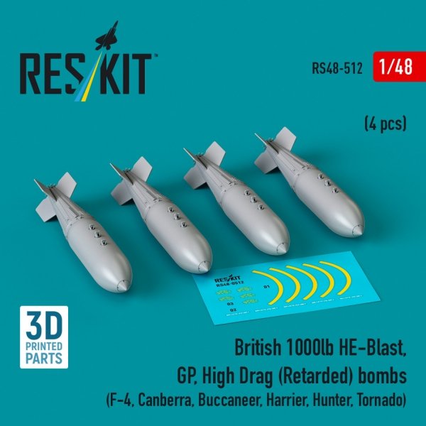 RESKIT RS48-0512 British 1000lb HE-Blast, GP, High Drag (Retarded) bombs (4 pcs) (3D printed)  1/48