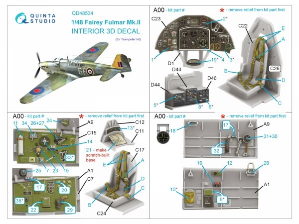 Quinta Studio QD48534 Fairey Fulmar Mk.II 3D-Printed &amp; coloured Interior on decal paper (Trumpeter) 1/48