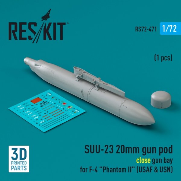 RESKIT RS72-0471 SUU-23 20mm gun pod (close gun bay) for F-4 &quot;Phantom II&quot; (USAF) (1 pcs) (3D Printed) 1/72