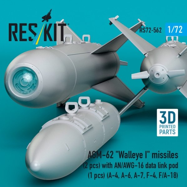 RESKIT RS72-0562 AGM-62 "Walleye I" missiles (2 pcs) with AN/AWG-16 data link pod (1 pcs) (A-4, A-6, A-7, F-4, F/A-18) (3D Printed) (1/72)