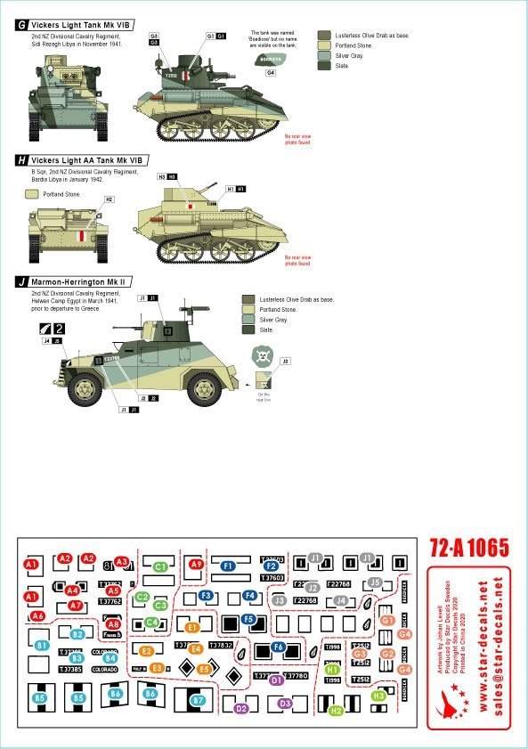 Star Decals 72-A1065 ANZAC # 2. New Zealand and Australian tanks and AFVs in Africa and Middle East WW2. 1/72