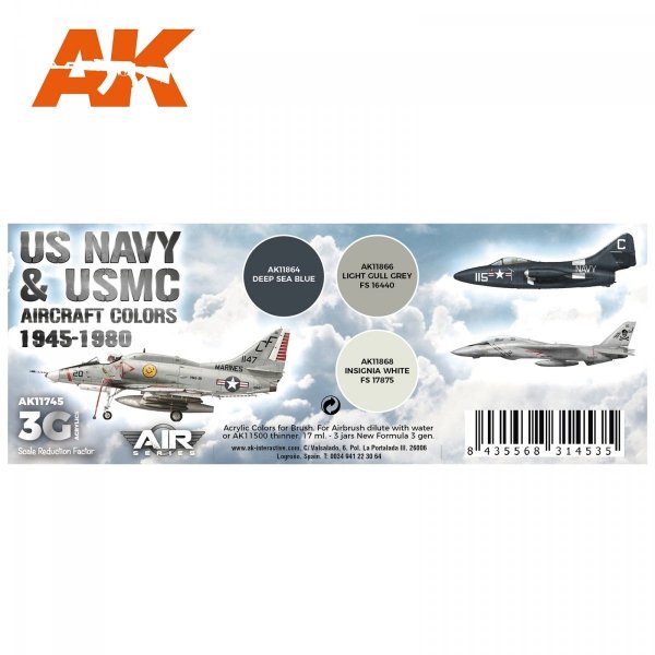 AK Interactive AK11745 US NAVY &amp; USMC AIRCRAFT COLORS 1945-1980 3x17 ml