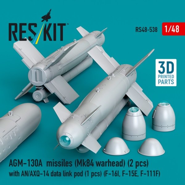 RESKIT RS48-0538 AGM-130A missiles (2 pcs) (Mk84 warhead) with AN/AXQ-14 data link pod (1 pcs) (3D Printed) 1/48