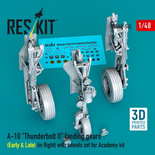 RESKIT RSU48-0542 A-10 "Thunderbolt II" landing gears (Early &amp; Late) (in flight) with wheels set for Academy kit (3D Printed) 1/48