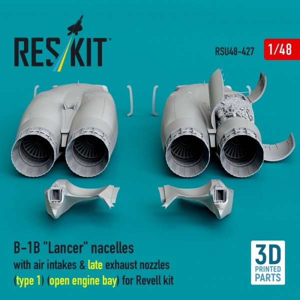 RESKIT RSU48-0427 B-1B "Lancer" nacelles with air intakes &amp; late exhaust nozzles (type 1) (open engine bay) for Revell kit (3D Printed) (1/48)