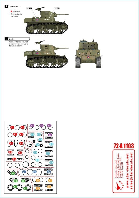 Star Decals 72-A1103 Tanks &amp; AFVs in Cuba # 1. M4A3E8 Sherman, A34 Comet, Staghound, Greyhound, M3A1 White Scout Car, M3A1 Stuart. 1/72