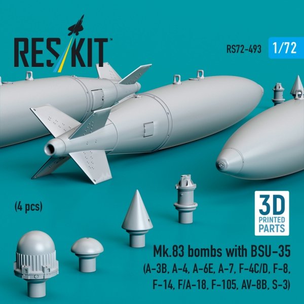 RESKIT RS72-0493 Mk.83 bombs with BSU-35 (4 pcs) (A-3B, A-4, A-6E, A-7, F-4C/D, F-8, F-14, F/A-18, F-105, AV-8B, S-3) (3D printed) (1/72)