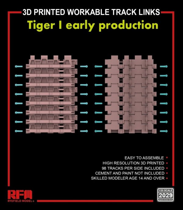 Rye Field Model 2029 TIGER I EARLY PRODUTION 3D PRINTED WORKABLE TRACK LINKS 1/35
