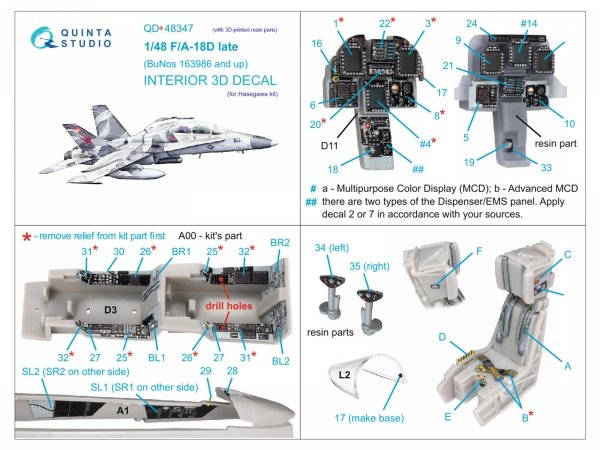Quinta Studio QD+48347 FA-18D late 3D-Printed coloured Interior on decal paper (Hasegawa) (with 3D-printed resin parts) 1/48