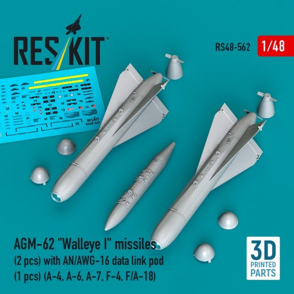 RESKIT RS48-0562 AGM-62 "Walleye I" missiles (2 pcs) with AN/AWG-16 data link pod (1 pcs) (A-4, A-6, A-7, F-4, F/A-18) (3D Printed) (1/48)