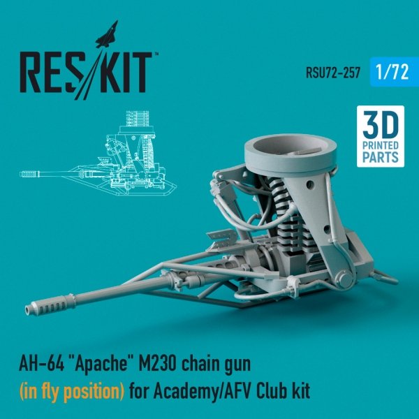 RESKIT RSU72-0257 AH-64 &quot;APACHE&quot; M230 CHAIN GUN (IN FLY POSITION) FOR ACADEMY / AFV CLUB KIT (3D PRINTED) 1/72