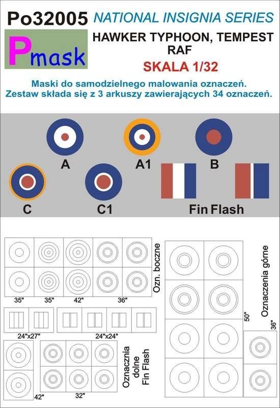 P-Mask PO32005 MASKI DO MALOWANIA OZNACZEŃ HAWKER TYPHOON, TEMPEST RAF (1:32)