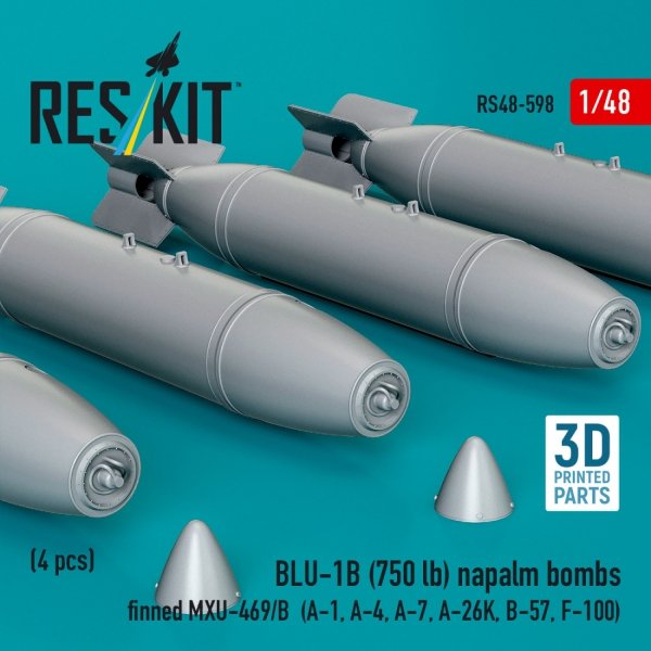 RESKIT RS48-0598 BLU-1B (750 lb) napalm bombs finned MXU-469/B (4 pcs) (A-1, A-4, A-7, A-26K, B-57, F-100) (3D Printed) (1/48)