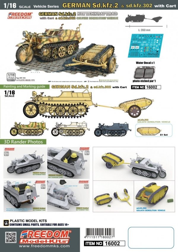 Freedom 16002 GERMAN SD.KFZ.2 KETTENKRAFTRAD &amp; SD.KFZ.302 GOLIATH DEMOLITION VEHICLE 1/16